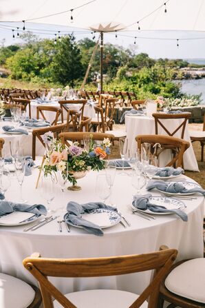 Nautical Waterfront Wedding Reception With Blue Napkins