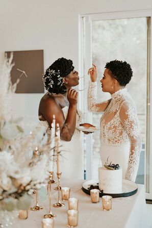 Couple Eating Wedding Cake During Elopement in Asheville, North Carolina