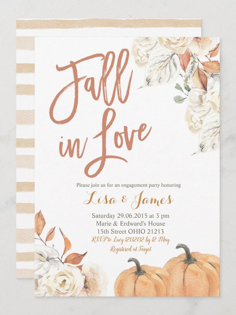 Fall In Love engagement party invitation with leaves and pumpkins