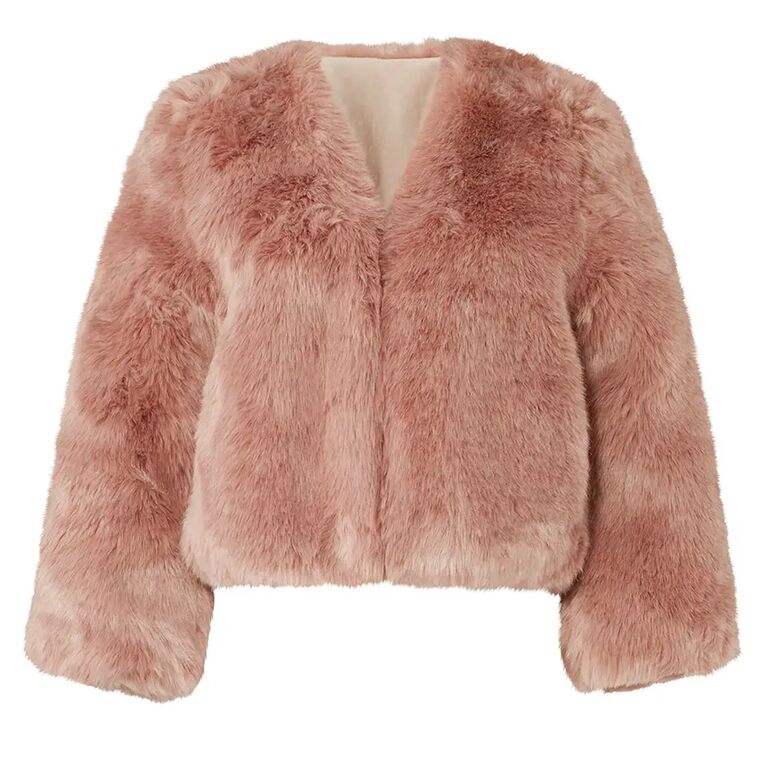 Rent the Runway pink faux fur bridal cover-up