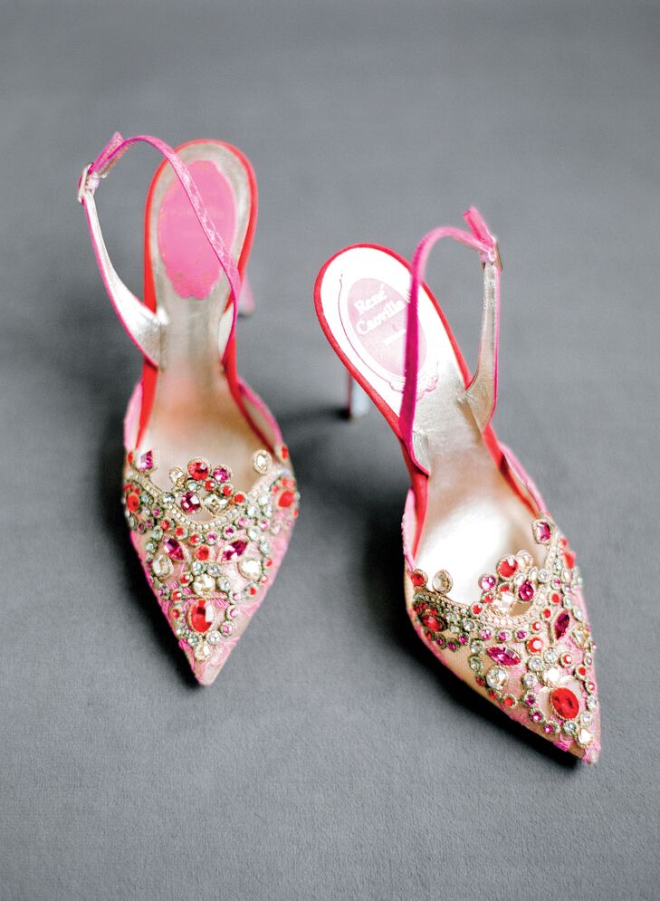 Lauren made a colorful statement with a pair of fuchsia, Swarovski-encrusted Rene Caovilla sling backs.