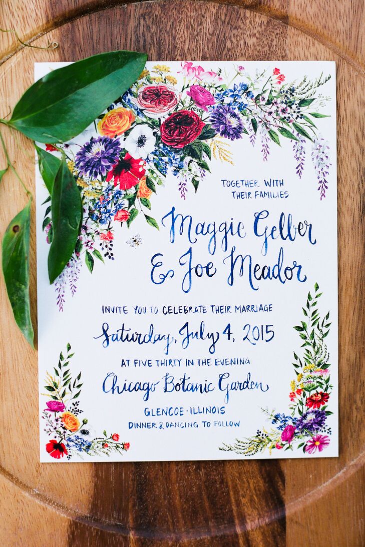 Maggie and Joe's custom-designed invitation suite featured bold blooms to signify the day's garden party theme. Bold blues even coordinated with the couple's blue-hued garments they wore for the ceremony and reception. Plus, all the invitations were printed on recycled papyrus. "Everything she created was extraordinary," Maggie says of working with Liz Dixon at EJD Design on the paper goods. "Every email I received from her was like a tiny gift."