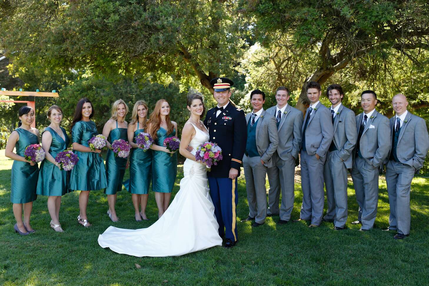 Bride and Bridal Party in Blue and Gray