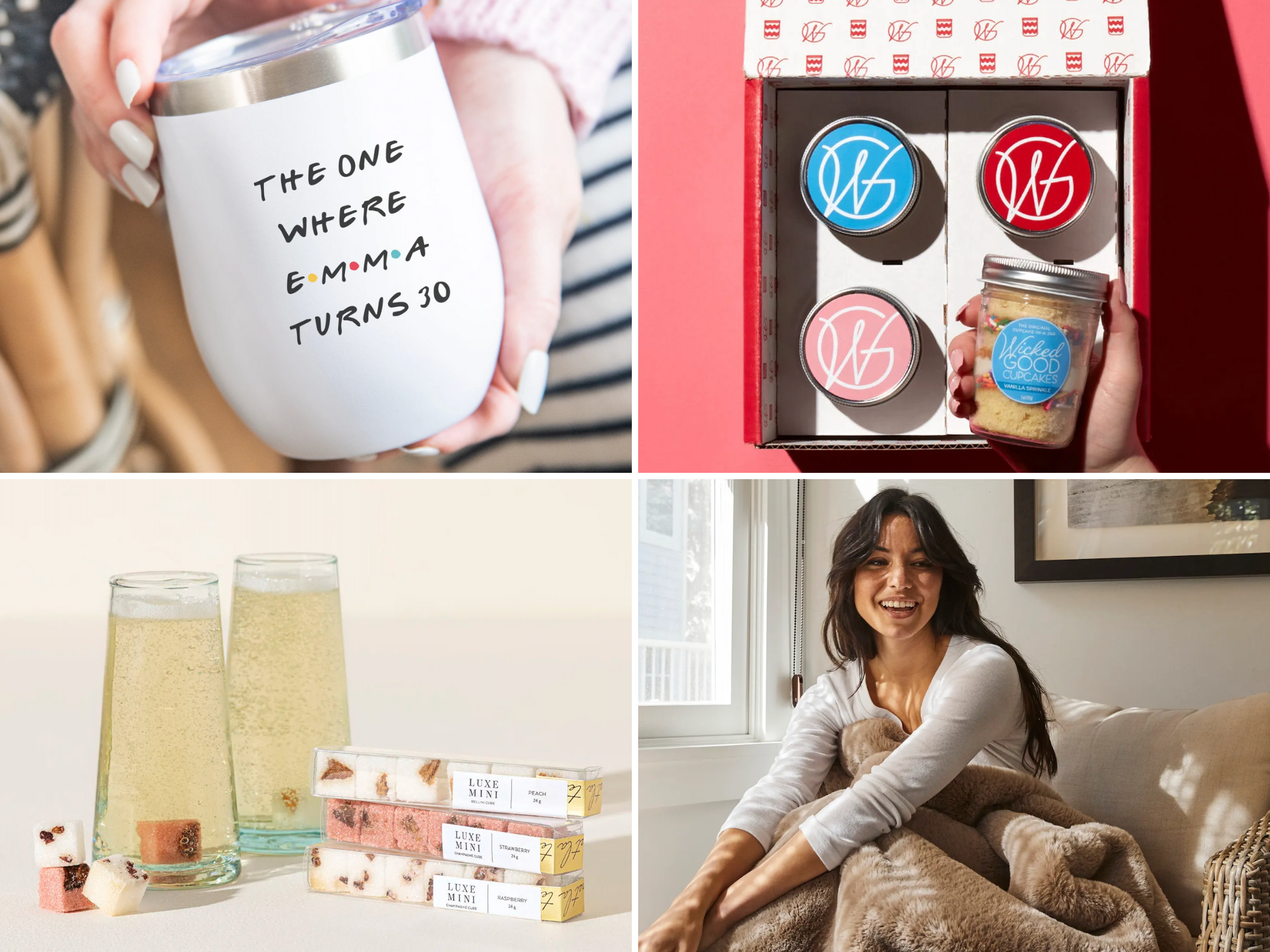 30th birthday gift ideas for wife including tumbler, cupcake subscription, mimosa kit, and plush throw