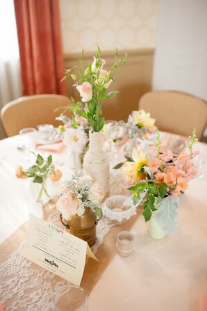 Mismatched Centerpieces with Burlap Table Runner