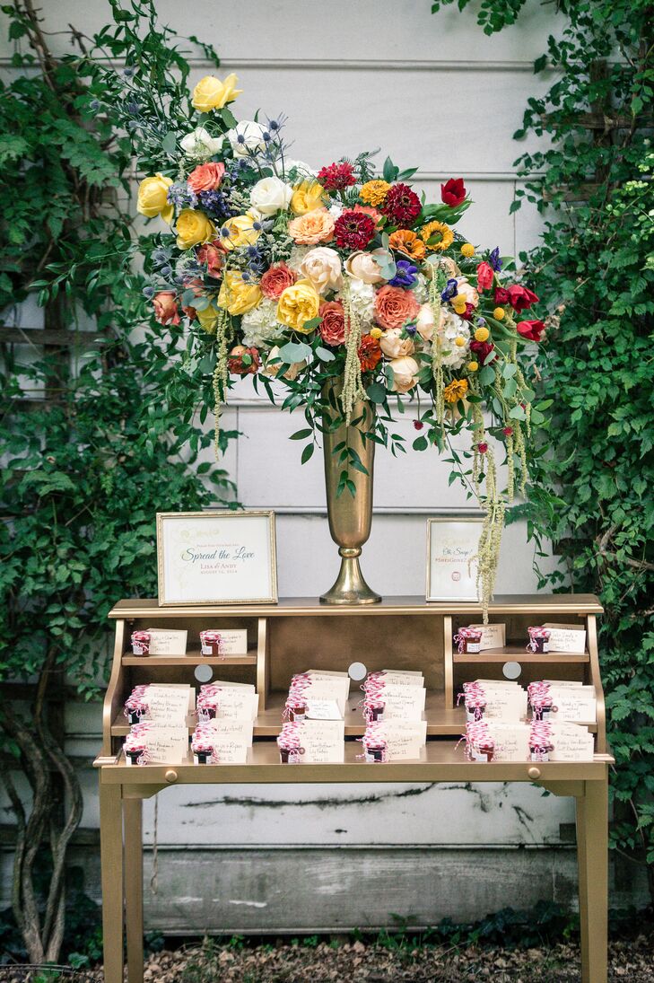Escort cards were made by the bride and were attached to a variety of jarred jams.