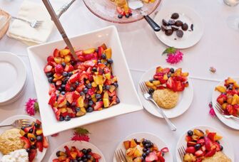Healthy breakfast buffet spread for a bridal shower. 