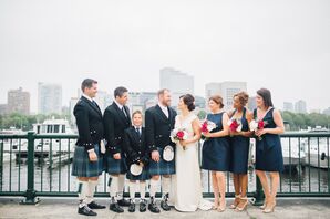 Groomsmen in Kilts and Bridesmaids in Navy Dresses