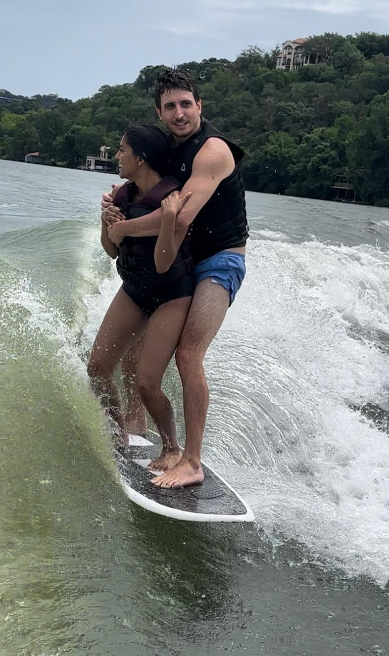 Nate takes Kinjal wake surfing for the first time!