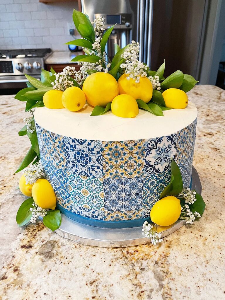 Edible blue tile cake wrapper for lemon-themed bridal shower