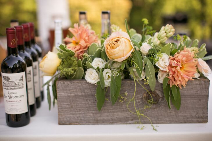 Wooden Planter Boxes With Peach Roses and Dahlias