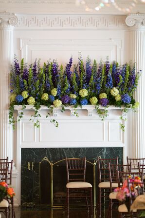 Mantle Decorated with Hydrangea and Delphinium