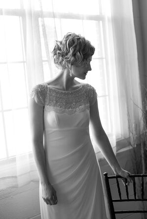 White Cap Sleeve Floor Length  Wedding Dress