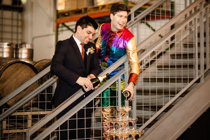 Grooms Pouring Champagne for Champagne Tower