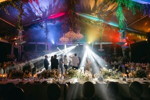 Party Spotlights and Colorful Uplighting in Clear Reception Tent, Hanging Decor