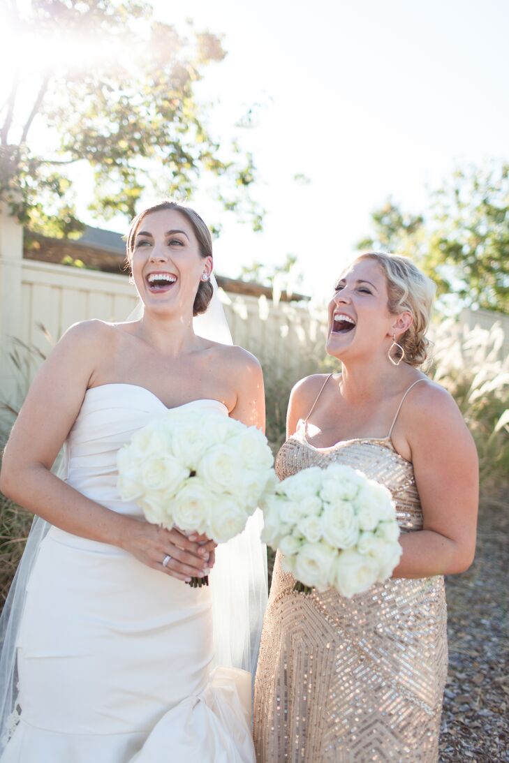 The bride and groom decided on a nontraditional wedding party. The bride had a matron of honor, her best friend, and a best man, his brother. In keeping with their gold trend, the Matron of Honor wore a floor length gold sparkling sequin dress from Nordstrom.