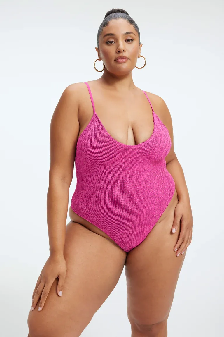 metallic low cut pink one piece