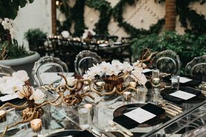 Wedding Reception Table Decor, Including Curly Gold Banyan Roots, Willows, White Roses and Orchids