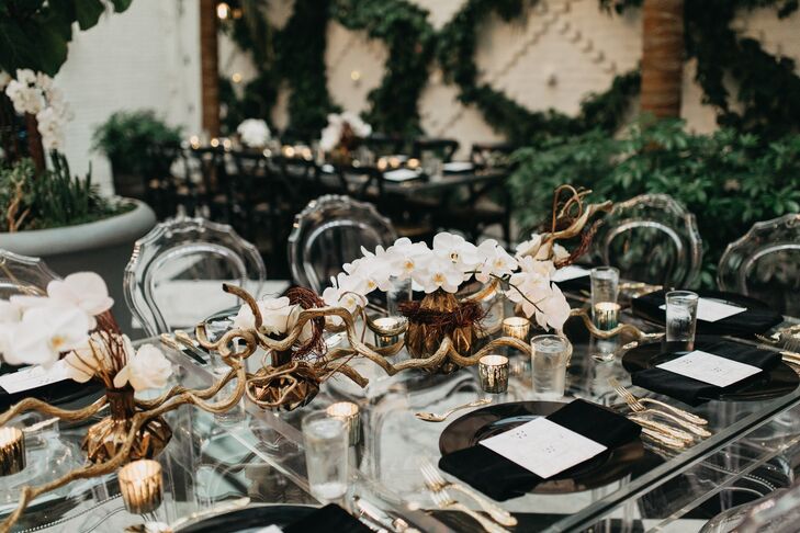 Wedding Reception Table Decor, Including Curly Gold Banyan Roots, Willows, White Roses and Orchids