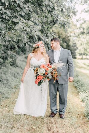 Flower Crown-Wearing Bride and Dapper Groom During Wedding Day