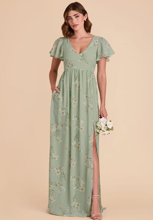 Birdy Grey Hannah Empire Chiffon Dress in Sage Le Fleur V-Neck and Plunge Bridesmaid Dress - 4