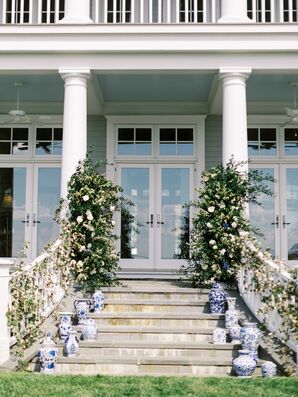 Ceremony Altar Up Steps on Estate's Porch, Blue-and-White Vases and Flowers