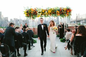 Modern Rooftop Recessional with Colorful Flowers, Clear Chuppah and Skyline Views