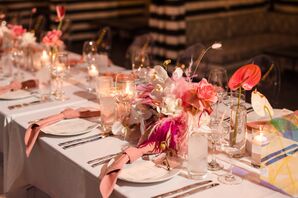 Long Tables With White Linens and Pink Floral Centerpieces and Other Pink Details