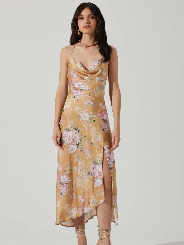 floral spring wedding guest dress with cowl neckline 