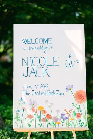 Watercolor Welcome Sign Painted by Bride for Central Park Zoo Wedding