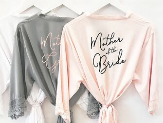 Satin robe with lace sleeve details and 'Mother of the Bride' on back in script