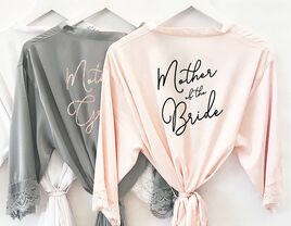 Satin robe with lace sleeve details and 'Mother of the Bride' on back in script