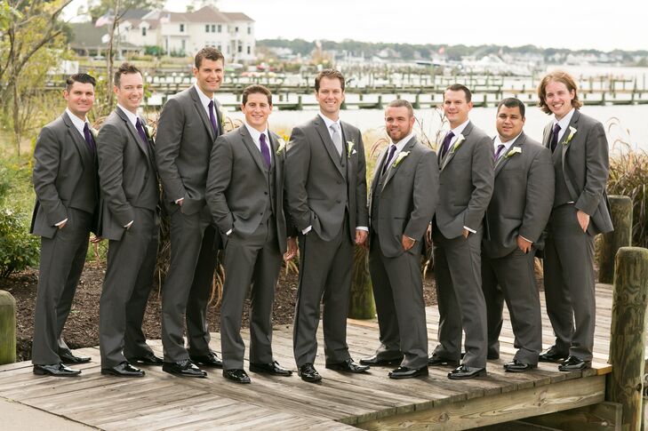 Gray Tuxedo and Purple Tie Groomsmen Attire