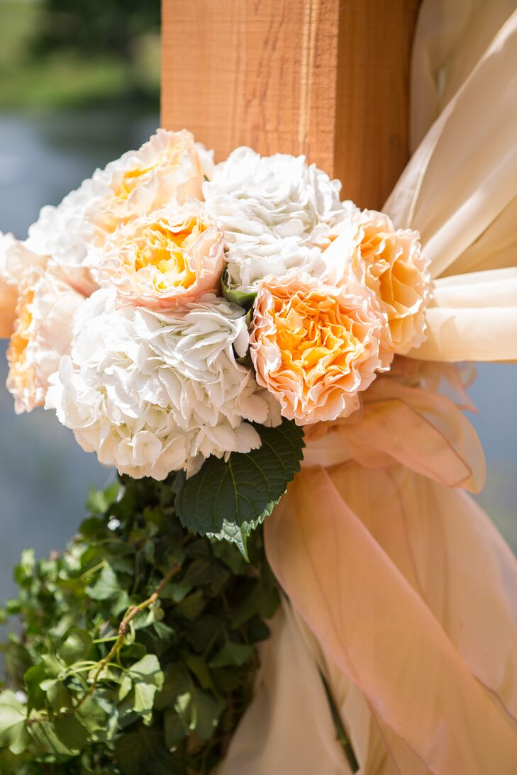 Peach Garden Rose and White Hydrangeas on Ceremony Arch