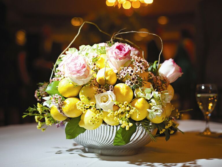 Lemon roses wedding table centerpiece flower arrangement