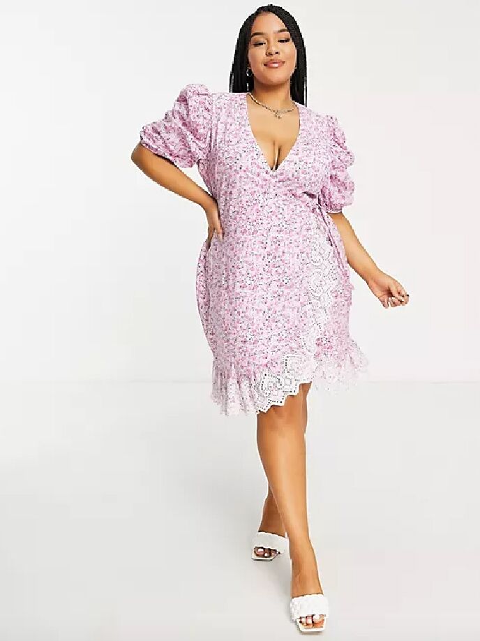 Lavender and pink floral print puff sleeve fall wedding guest dress