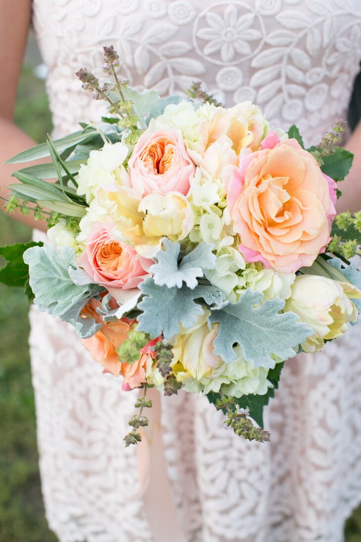 The bouquets had a distinct whimsical and romantic vibe, filled with pale pink, peach and ivory blooms like garden roses, tulips and hydrangeas, as well as wispy greenery and dusty miller.