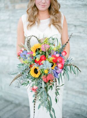 Colorful Bridal Bouquet with Sunflowers and Feathers
