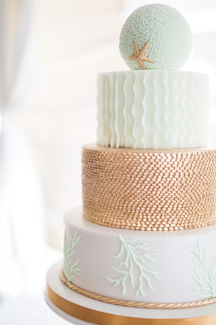 Their wedding cake brought the theme to another level. The bakers at Kakes by Karen made every round tier with a different flavor, including vanilla, coconut, chocolate and marble, separated by Key lime, raspberry, vanilla buttercream or nutella filling. Yum! “We wanted a ‘Florida flavor’ with the coconut and Key lime, and then a mix of something that everyone could enjoy,” Stephanie says. After the tiers were covered in fondant, the pros decorated it with mint sea coral-inspired details, ruffles and gold piping. The cake topper, however, really caught out attention. It was shaped like a ball with a gold starfish on the front and a coral-inspired pattern covering every inch.