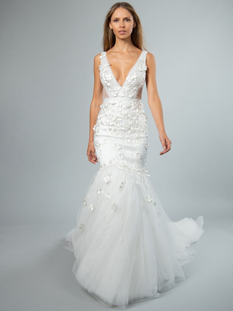 Mark Zunino mermaid dress with tulle skirt and floral embroidery