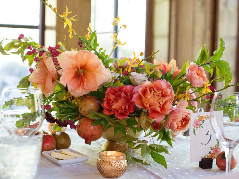 Pomegranate Persephone Hades floral fruit wedding table arrangements