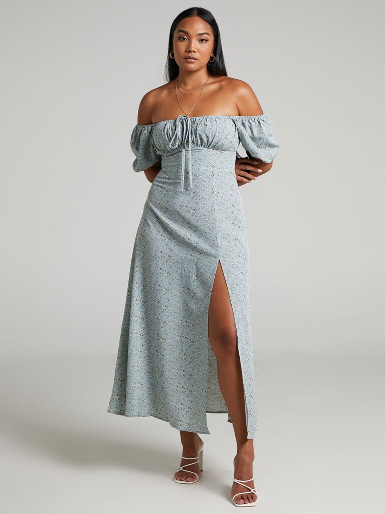Showpo cottagecore beach wedding guest dress with blue floral print