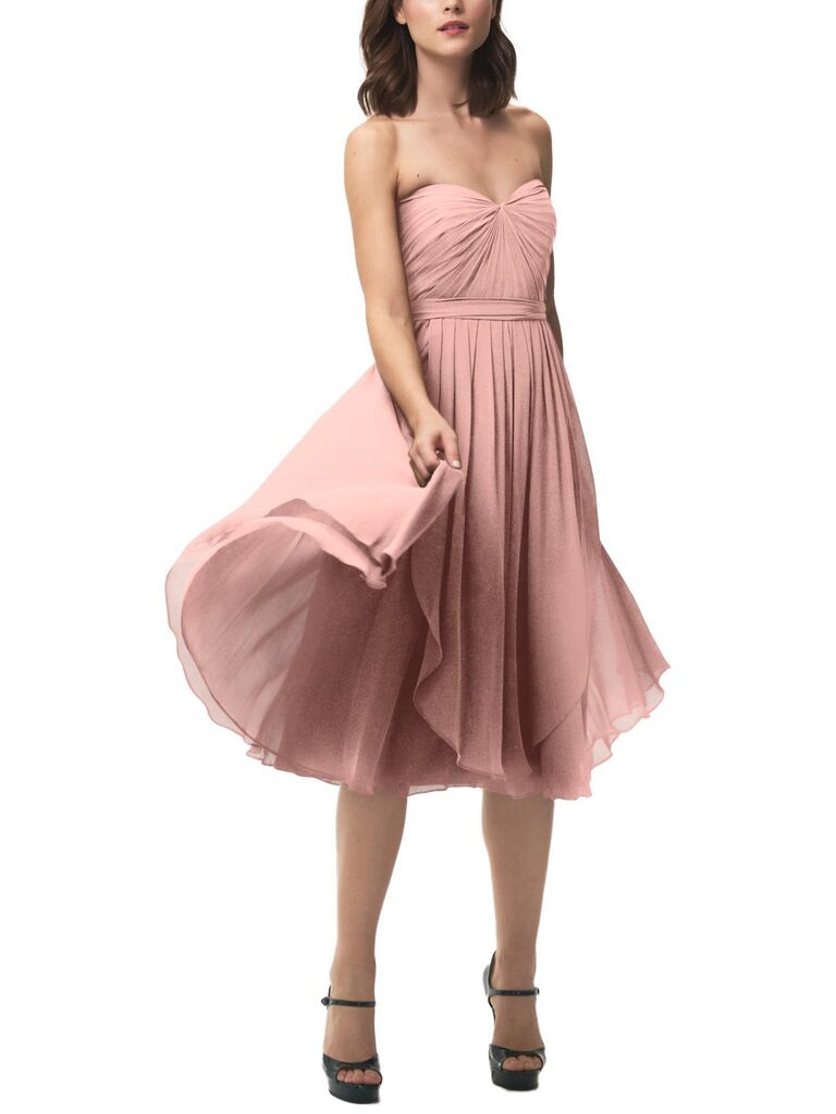 Short strapless dusty rose bridesmaid dress
