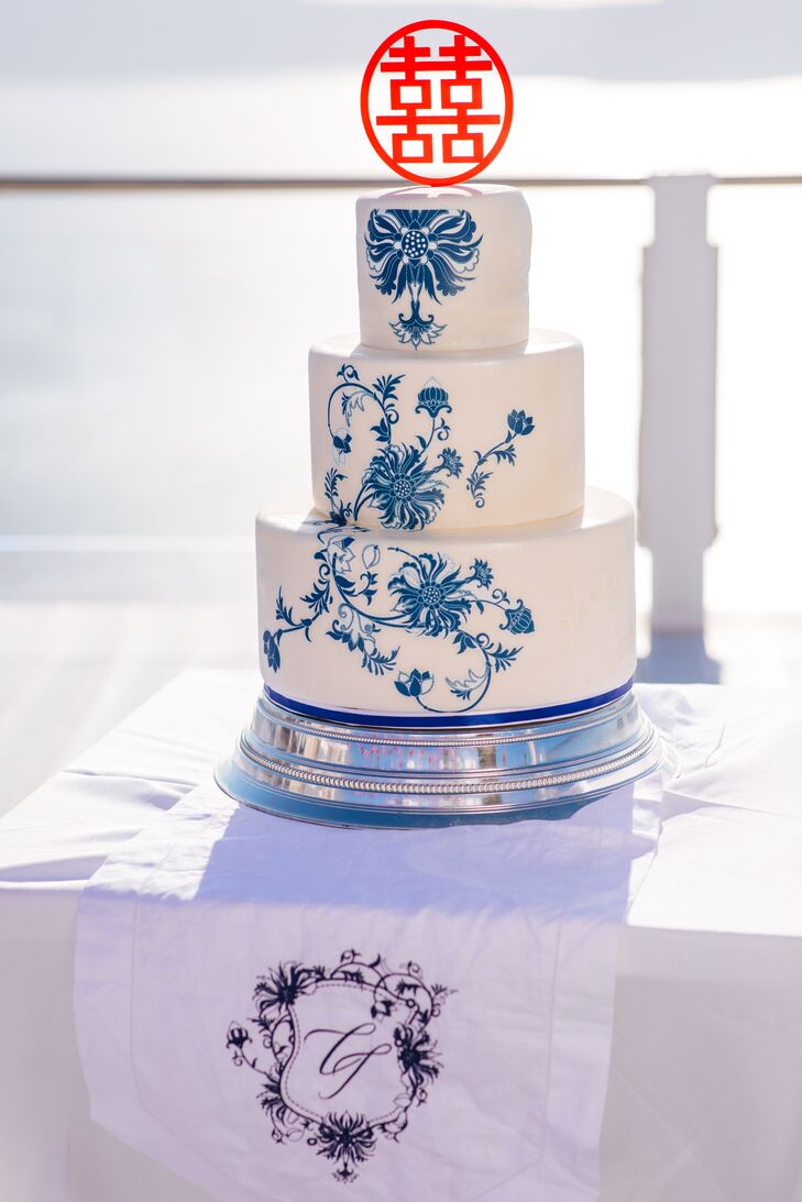 Tiered Wedding Cake with Blue Design