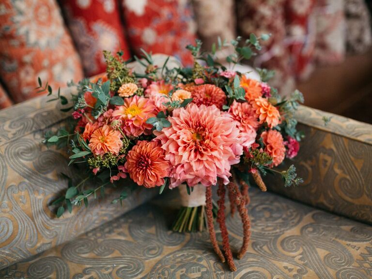 Vibrant bouquet of dahlias in pink and orange hues. 
