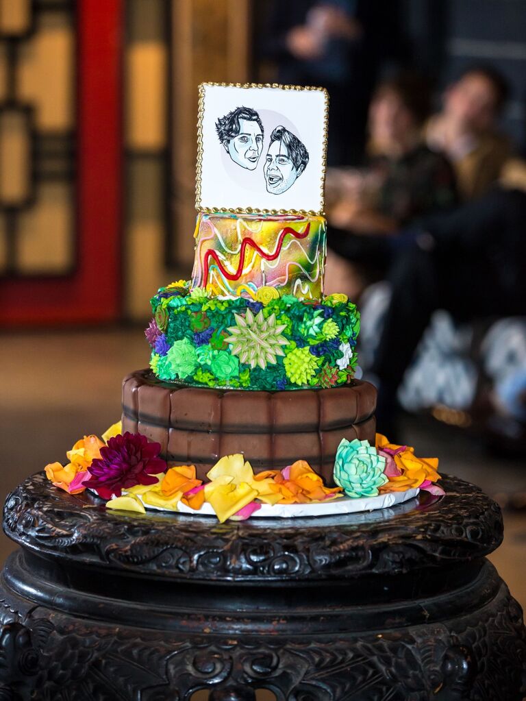 Funky cake with personalized cake topper. 