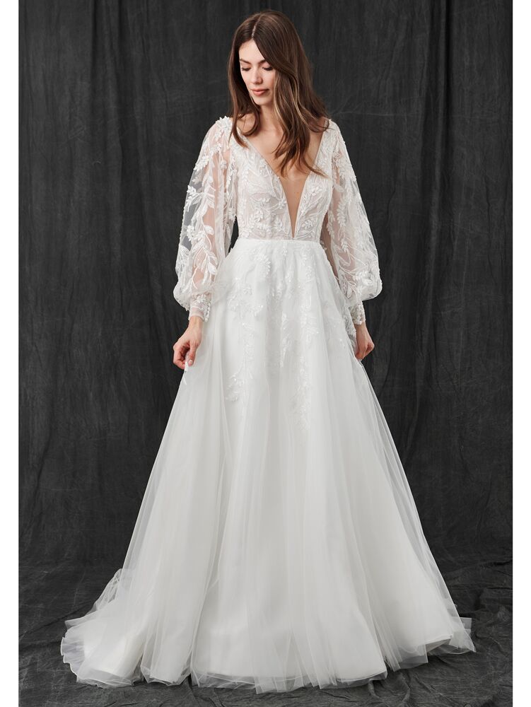 Kelly Faetanini lace ball gown with long puff sleeves