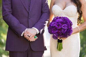 Glam Purple Bouquet and Groom's Suit