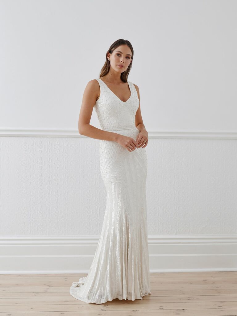 Beaded sleeveless wedding dress by Mrs. Fray. 