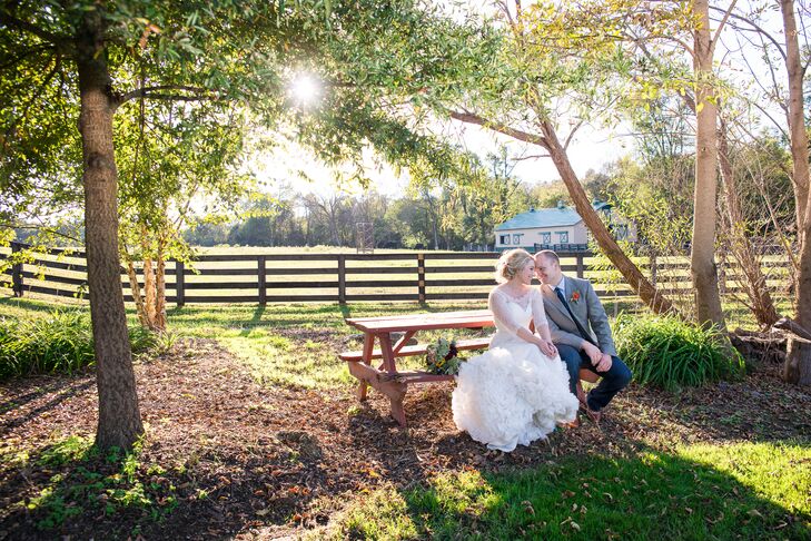 Lauren topped her strapless gown with a lace coverlet from BHLDN.